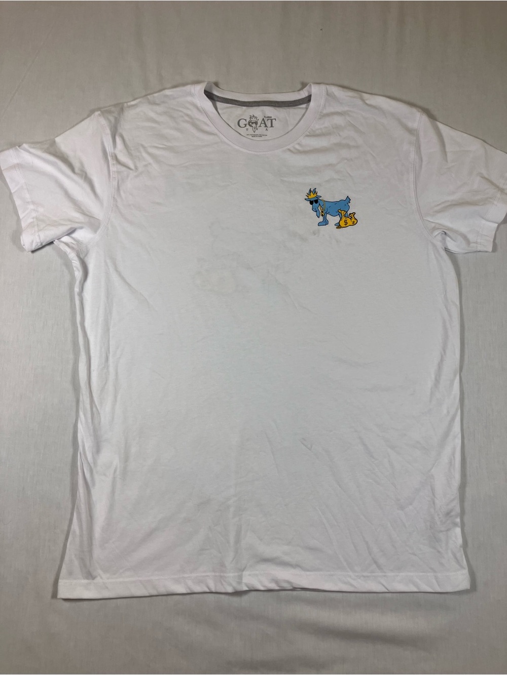 GOAT White Short-Sleeve Graphic Crewneck T-Shirt with Blue & Yellow Logo
